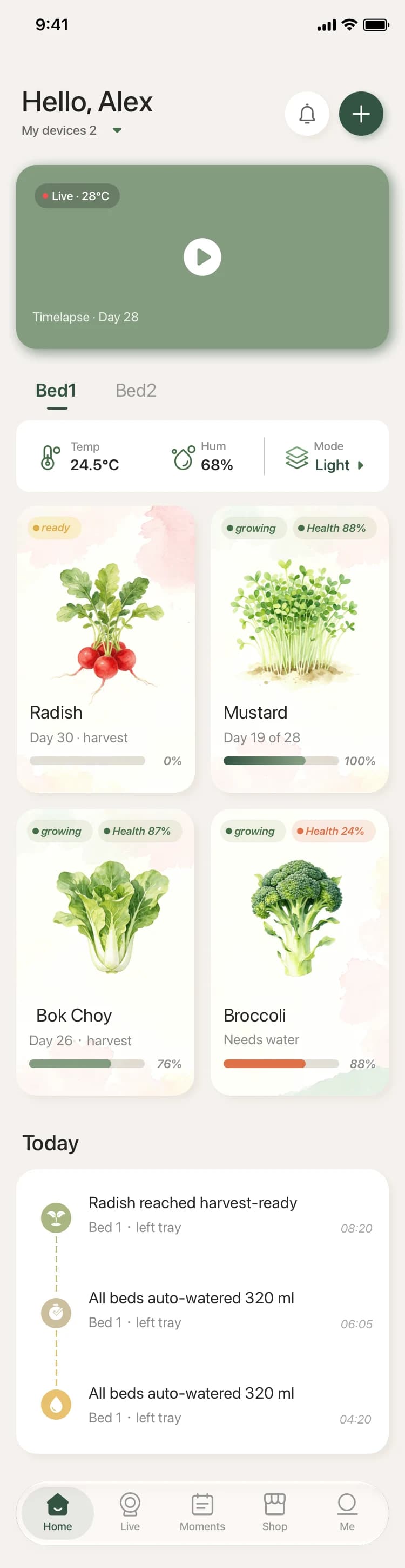 LUYA app home screen — live time-lapse, beds, crop health and auto-watering