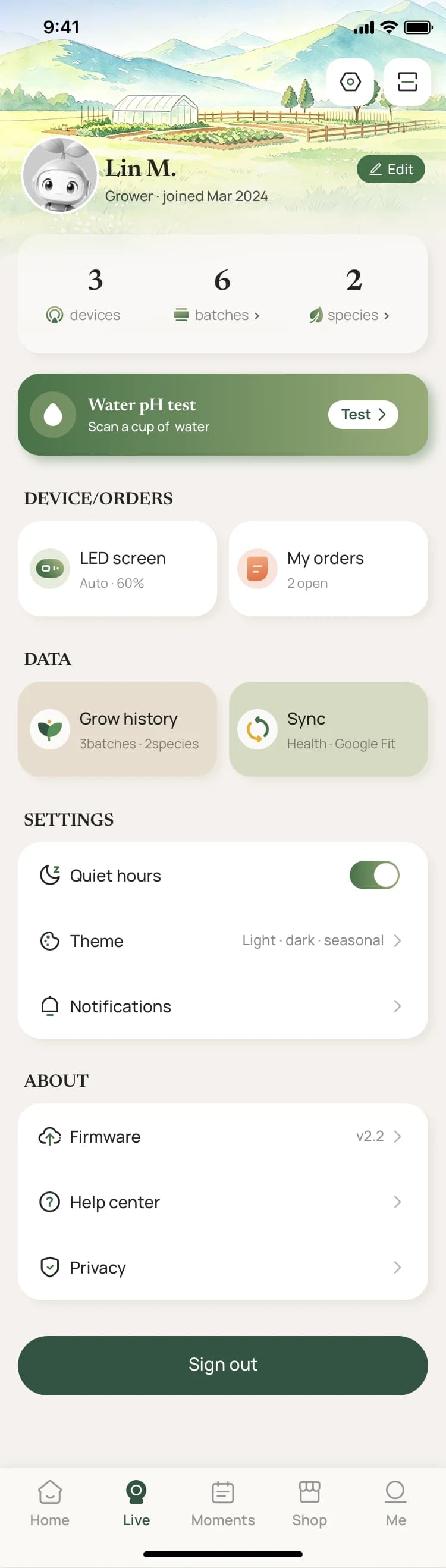 LUYA app profile — devices, batches, grow history and settings