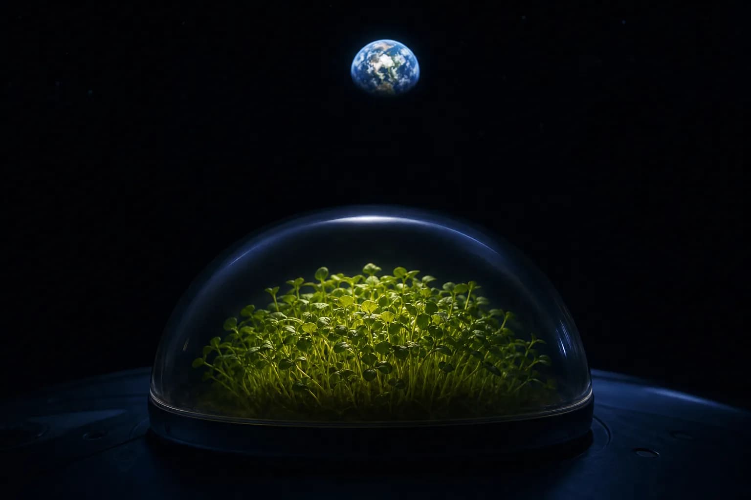 A sealed tray of microgreens growing with Earth visible in the distance