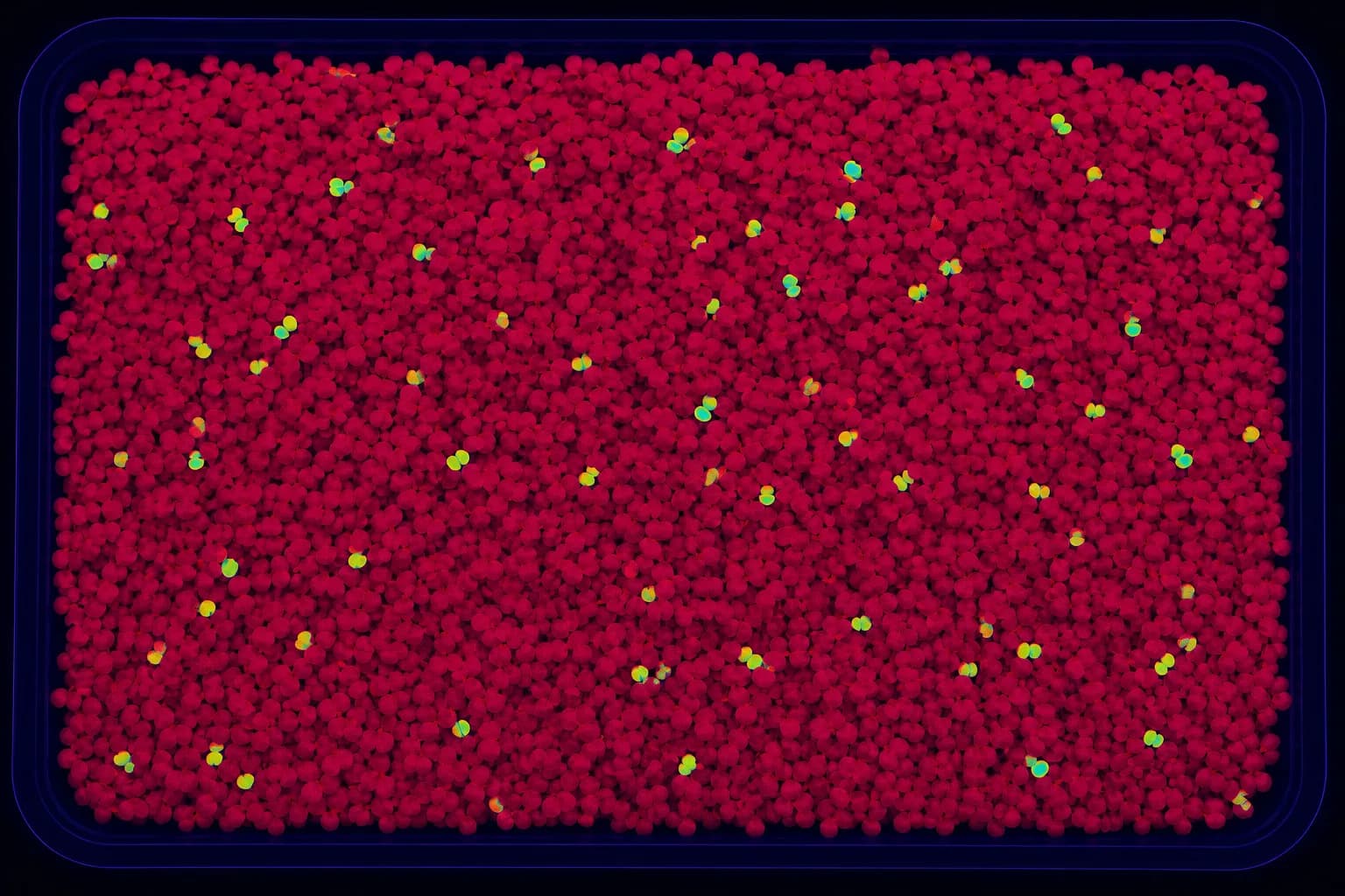 Near-infrared false-color view of the same tray, the scattered yellowing spots showing as low reflectance