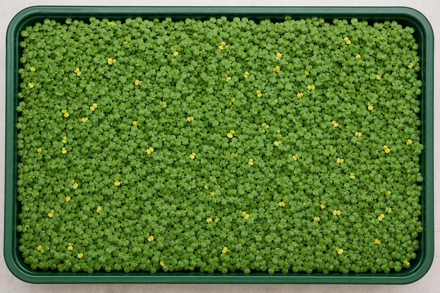 RGB camera view of a broccoli microgreen tray with scattered leaf-yellowing spots flagged, plus coverage, germination and height