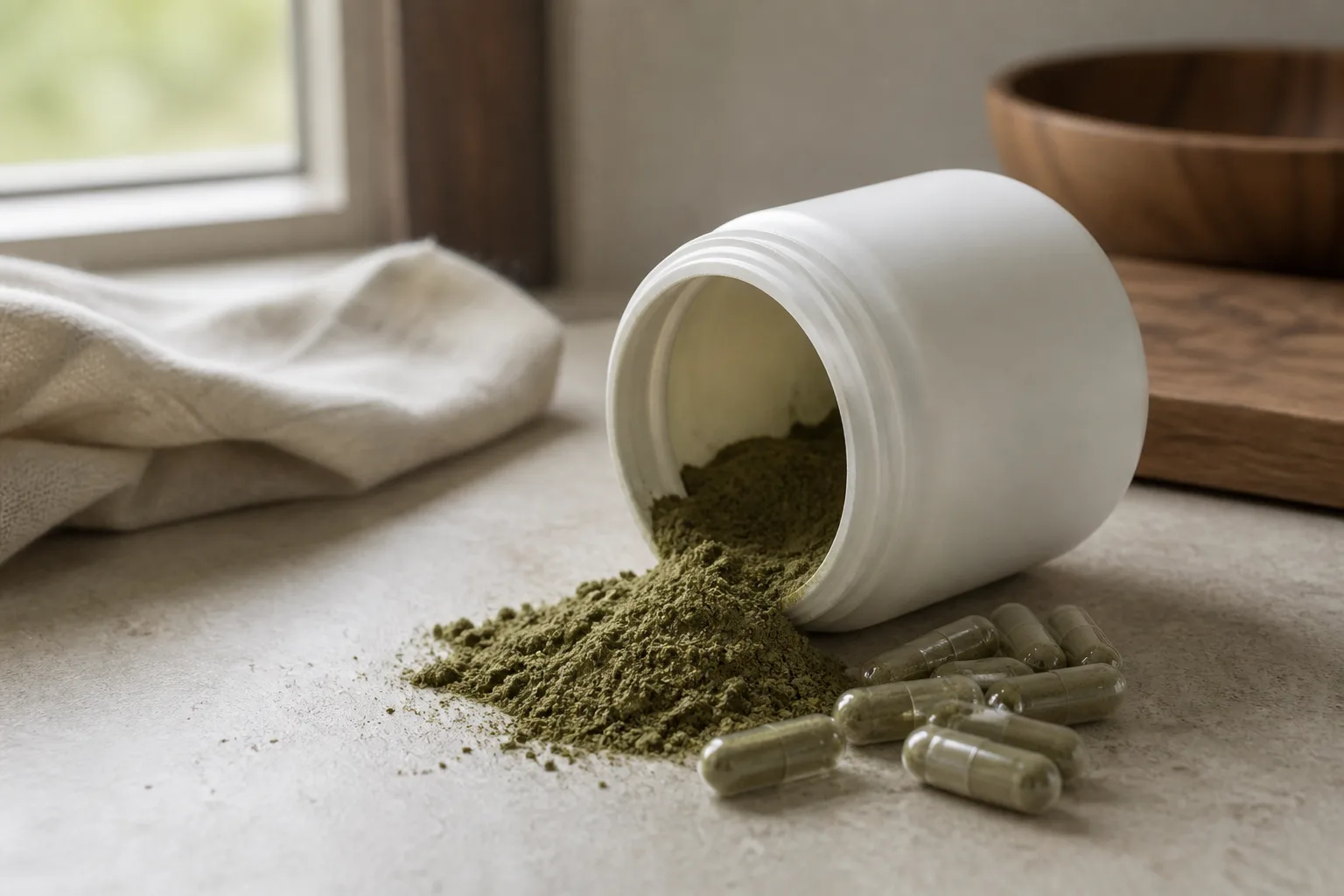 Broccoli supplement capsules and powder spilled from a bottle