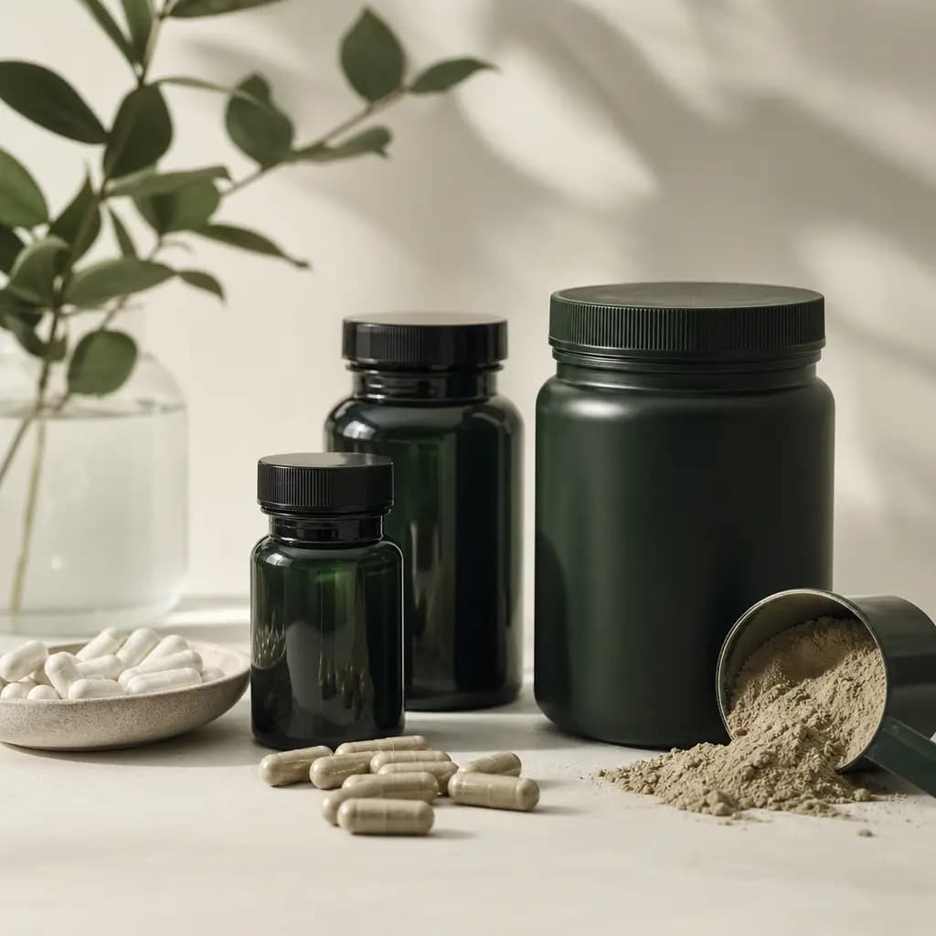 Supplements, powders, bottled vitamins — muted still life