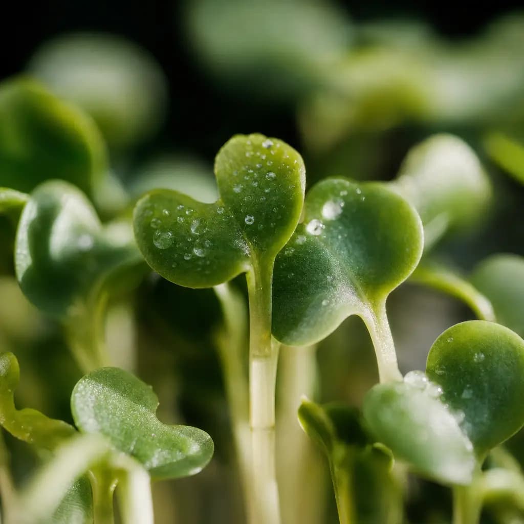 Macro photo of living microgreens, dew on leaves