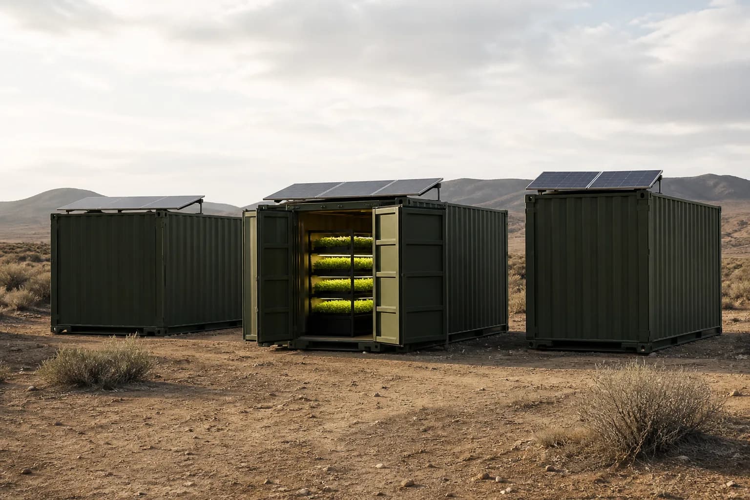 Concept image: three unbranded shipping containers with solar panels on their roofs in an arid landscape, one door open showing racks of seedlings under grow lights