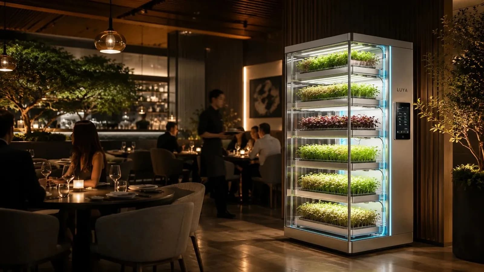 Visualisation of a Luya Y cabinet in a restaurant dining room, shelves of microgreens lit behind glass