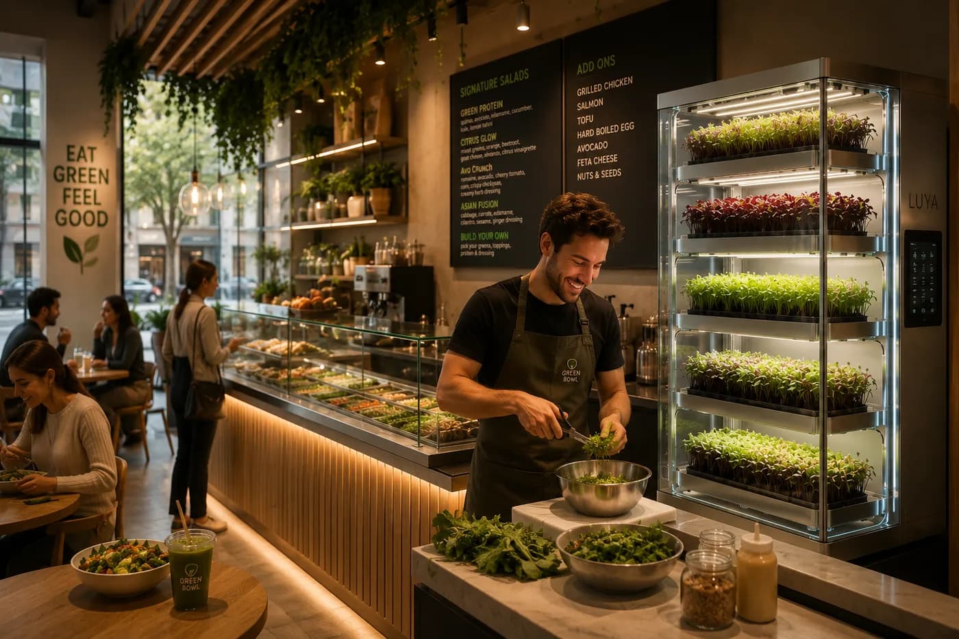 Visualisation of a Luya Y cabinet behind a fast-casual salad counter