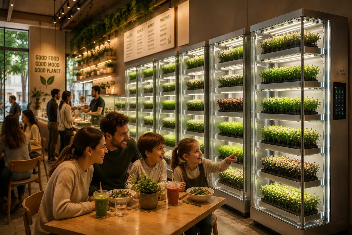 Visualisation of a family eating at a table beside a lit Luya Y cabinet