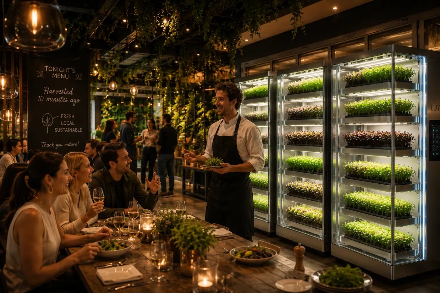 Visualisation of a chef serving a plate beside a wall of Luya Y cabinets