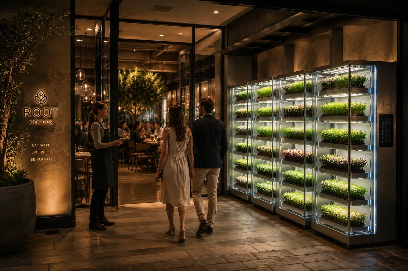 Visualisation of Luya Y cabinets glowing through a restaurant window from the street at night