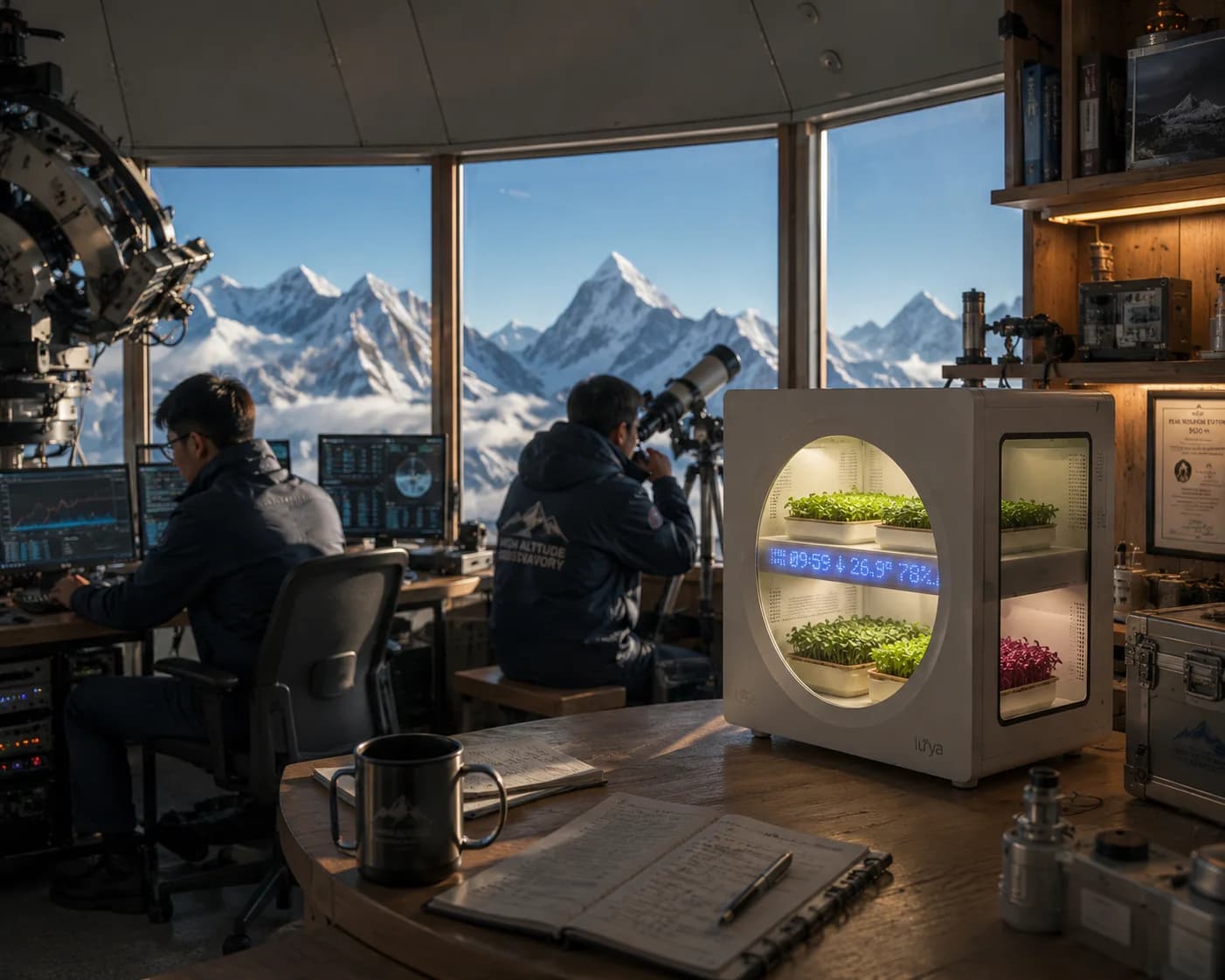 Concept scene: a Luya growing system on a desk in a high-altitude observatory, researchers at their instruments and snow peaks through the windows