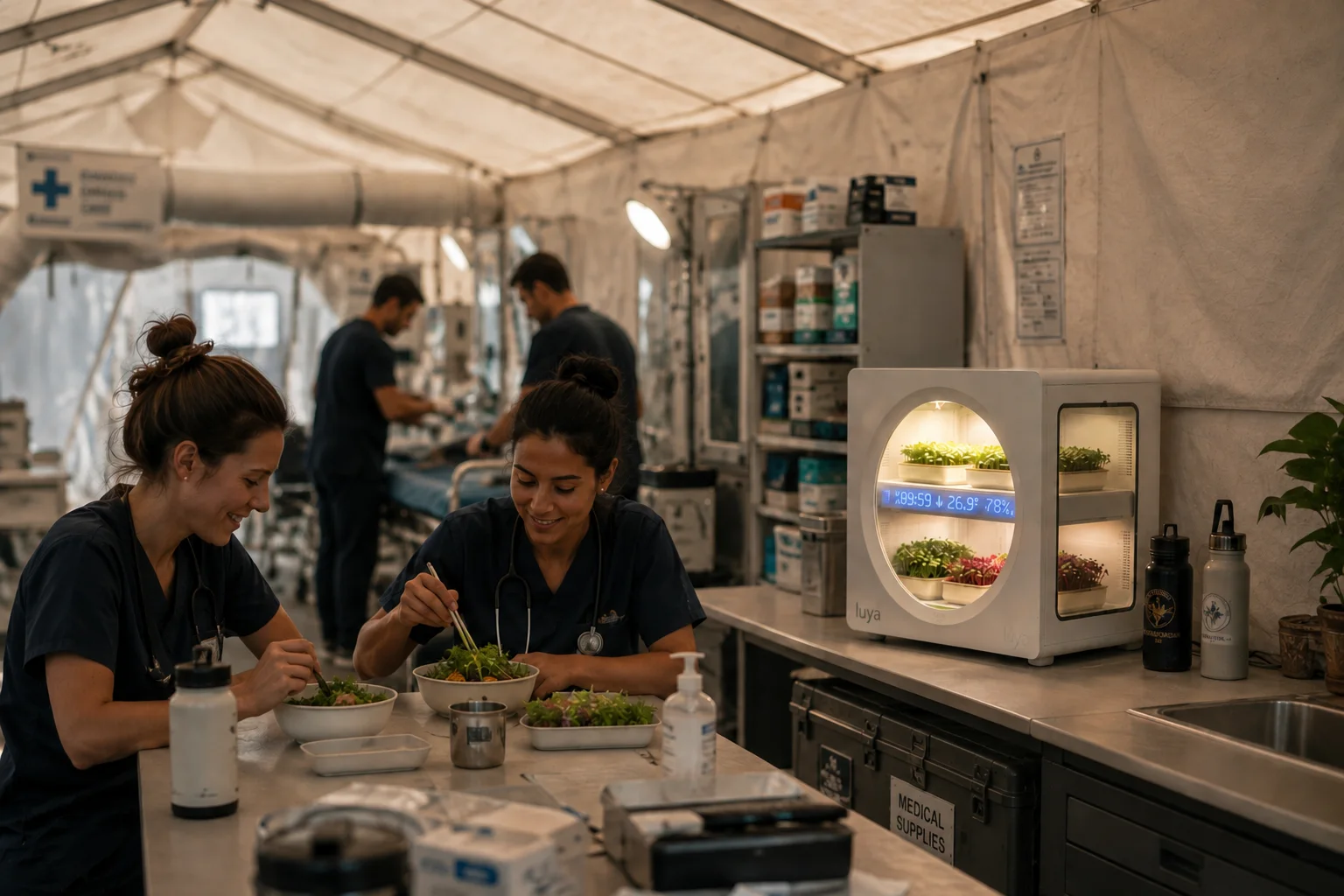 Concept scene: two clinicians eating fresh greens at a counter in a field medical tent, a Luya growing system beside them