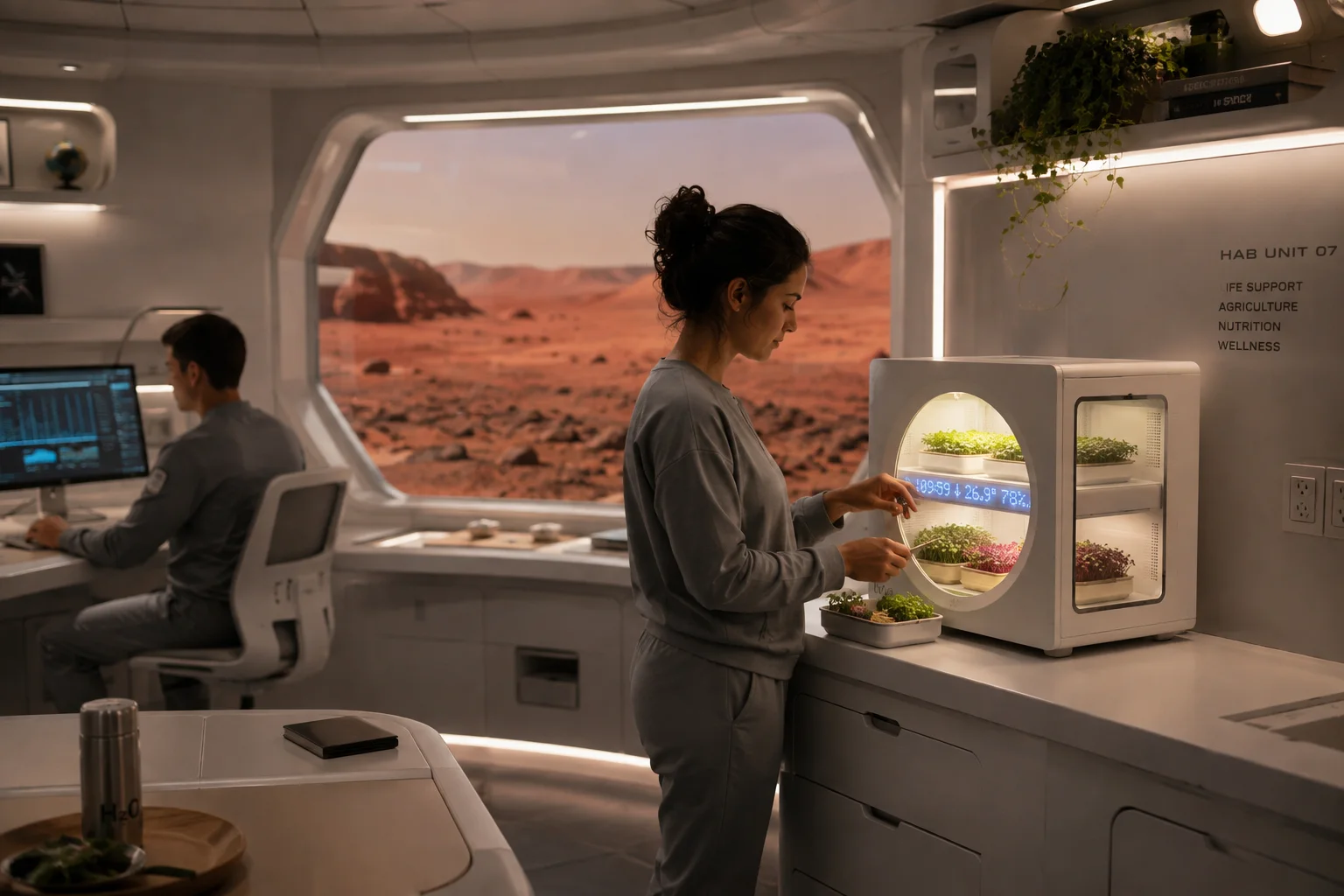Concept scene: a Luya growing system in a closed-habitat module, a researcher harvesting from it with a rocky red landscape beyond the window