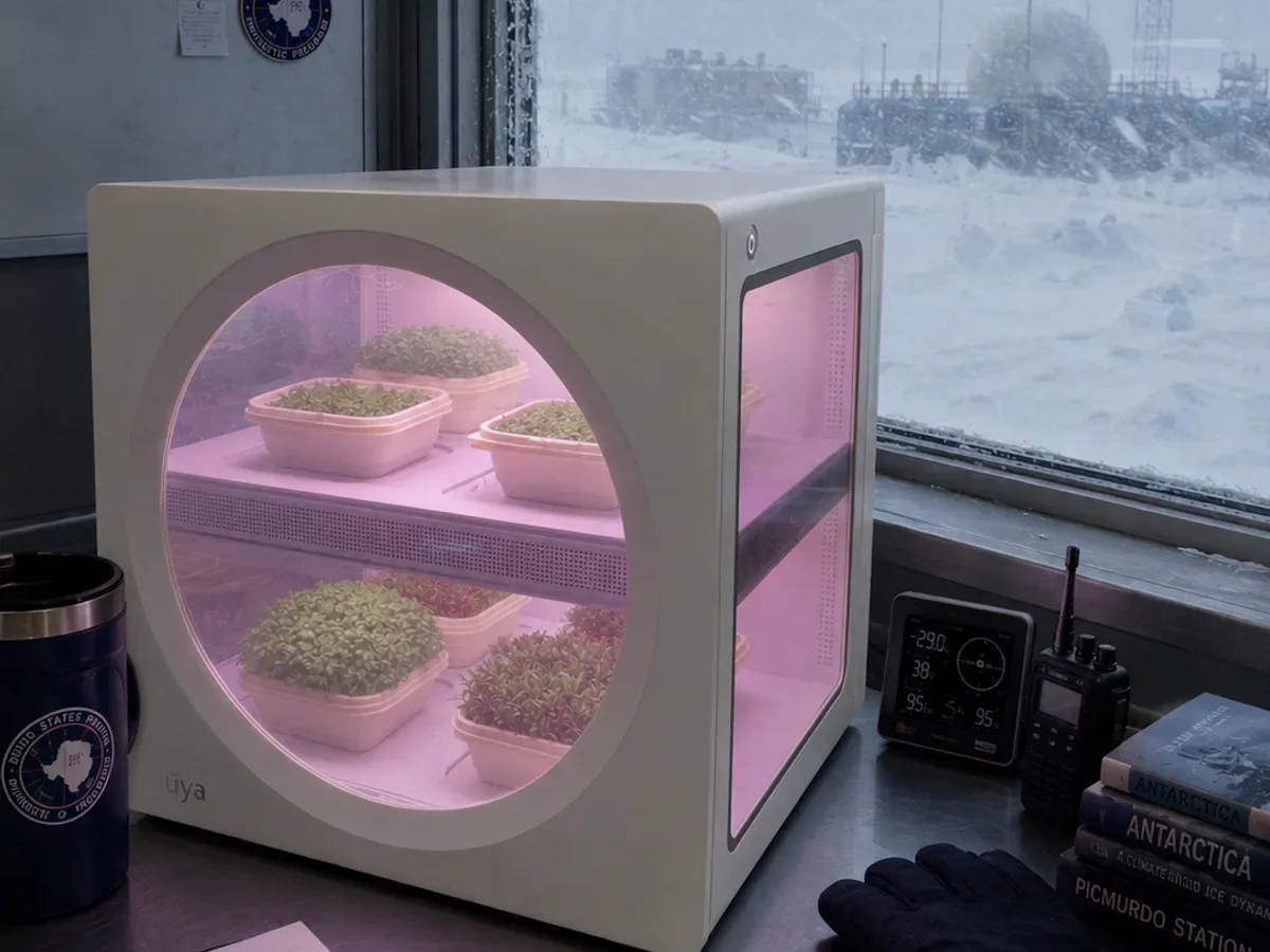 Concept scene: a Luya growing system on a worktop in a polar research station galley, the station and blowing snow visible through the window