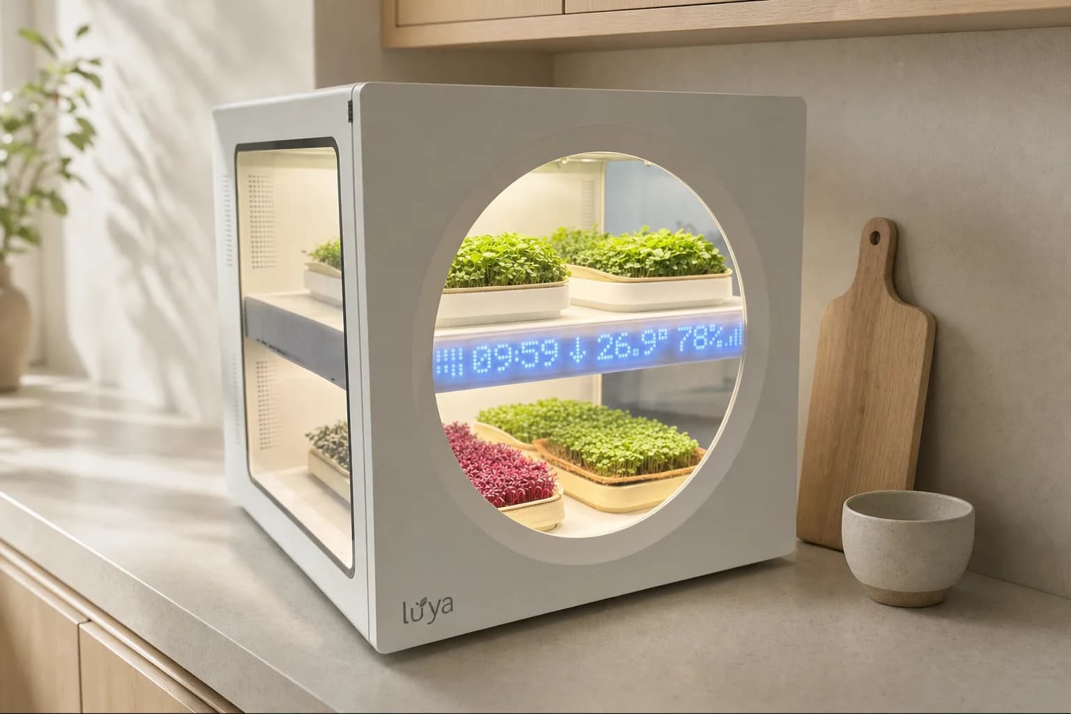 A Luya X-1 growing microgreens in a home kitchen