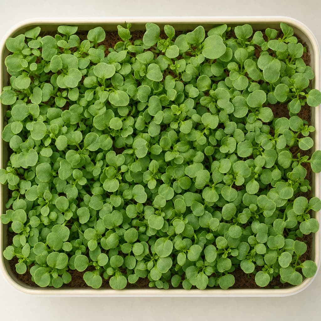 A tray of microgreens mid-cycle