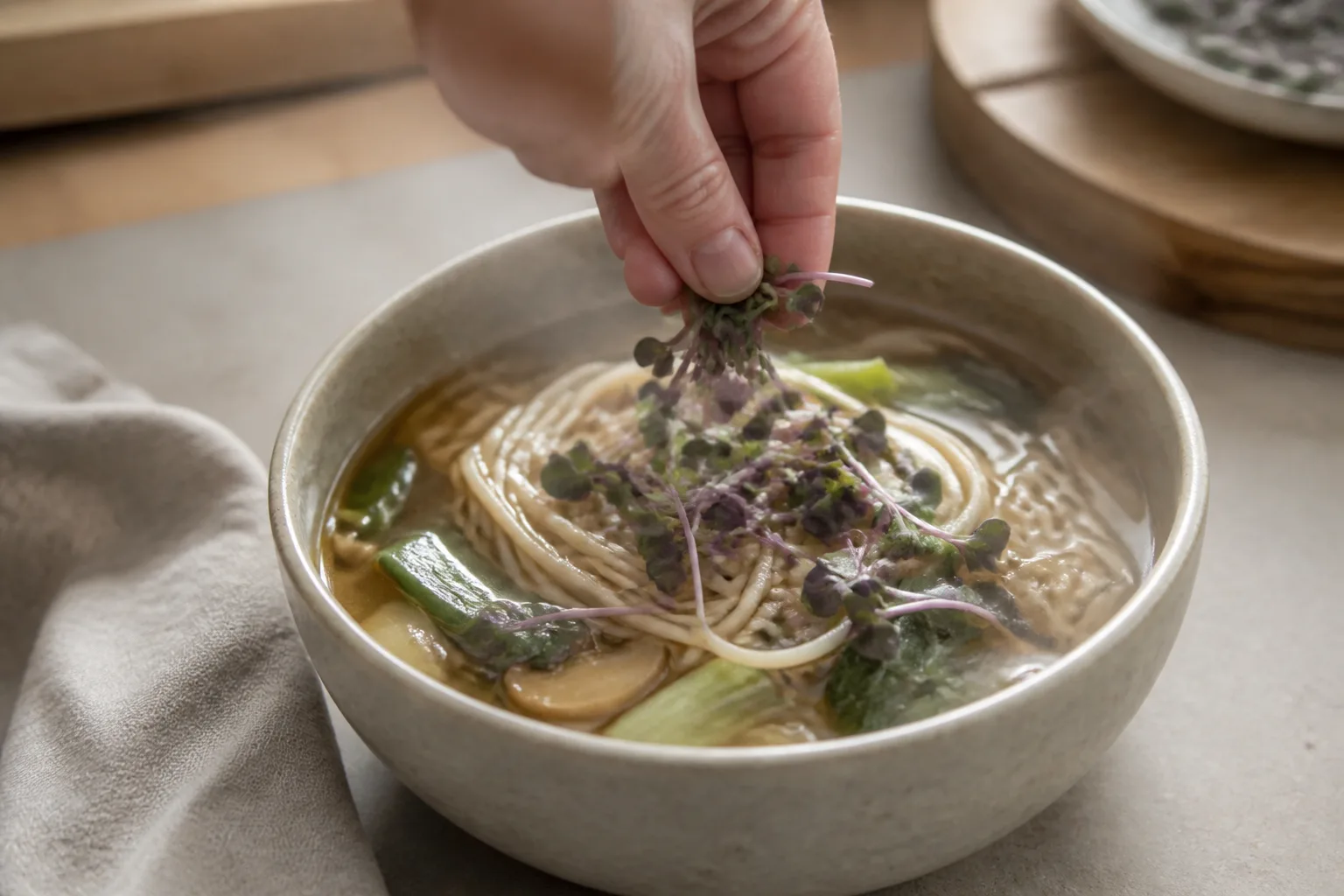 Mustard microgreens on a dish: onto the noodles