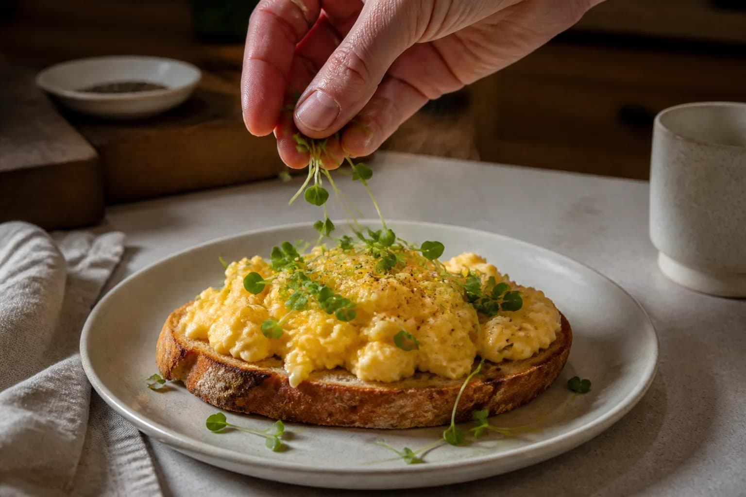 Broccoli microgreens on a dish: into the eggs