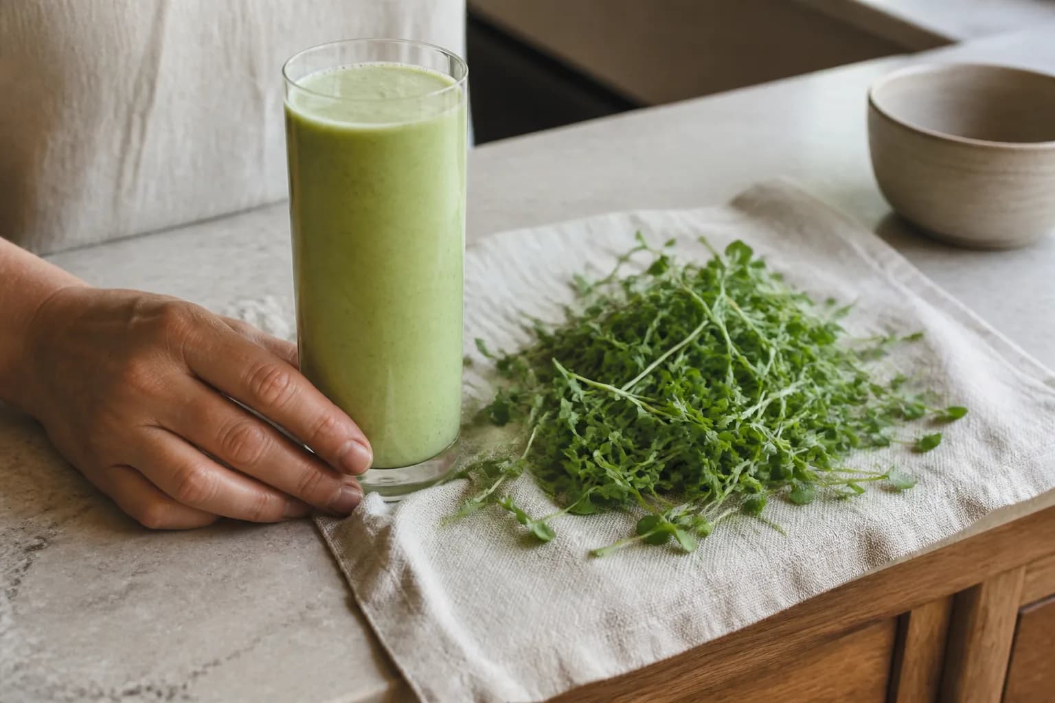 Kale microgreens on a dish: into the glass