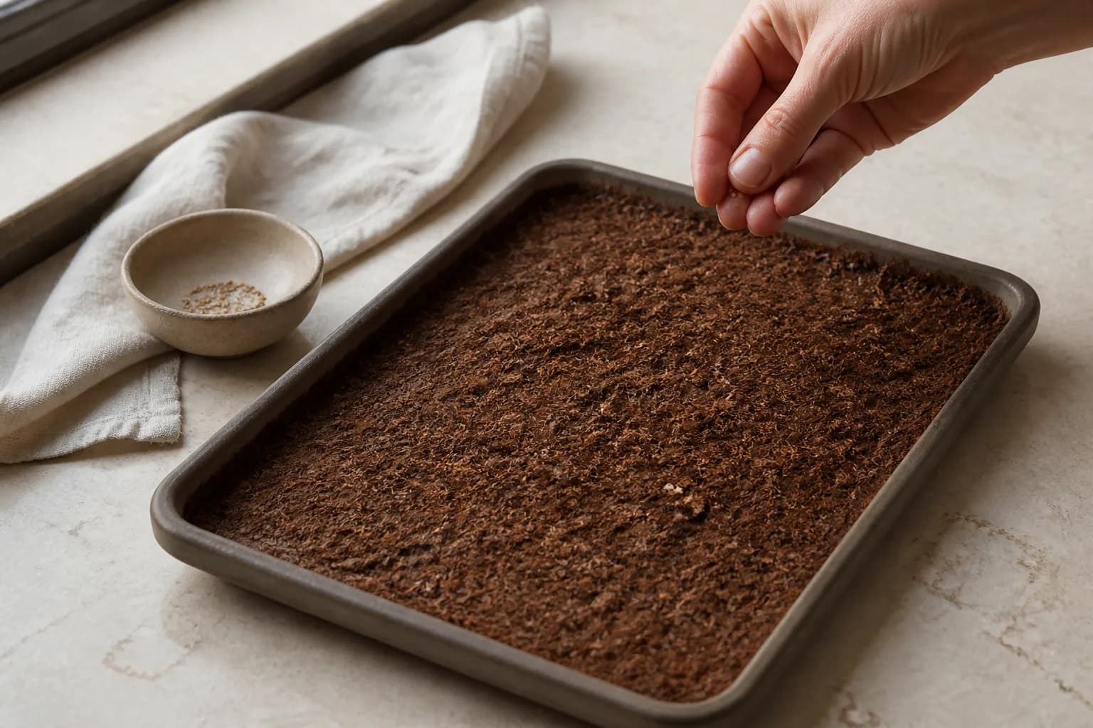 A hand sowing seed across a bare tray of growing medium