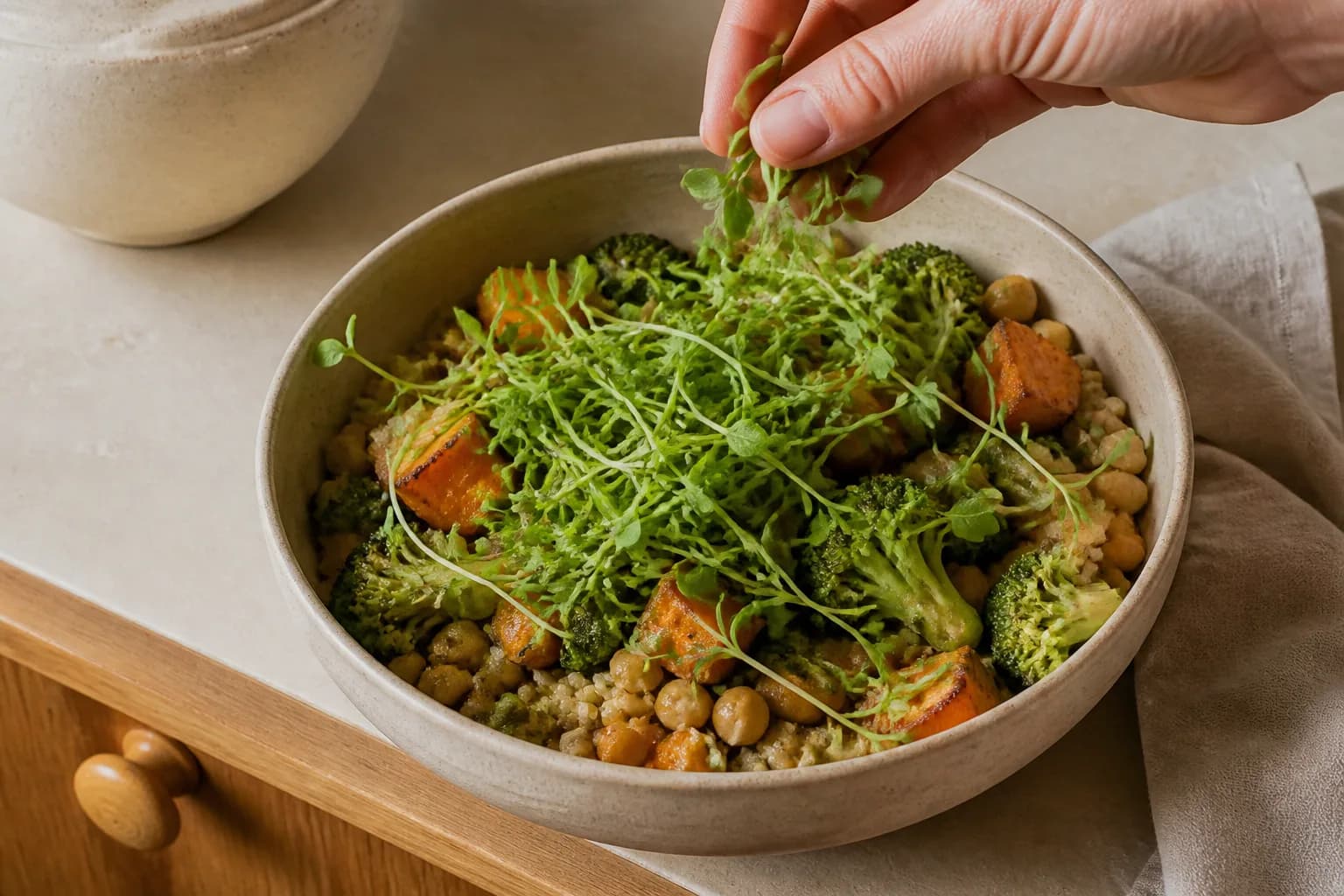 Pea Shoots microgreens on a dish: over the bowl