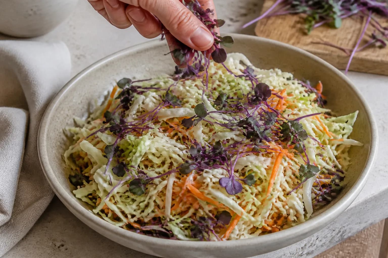 Red Cabbage microgreens on a dish: through the slaw