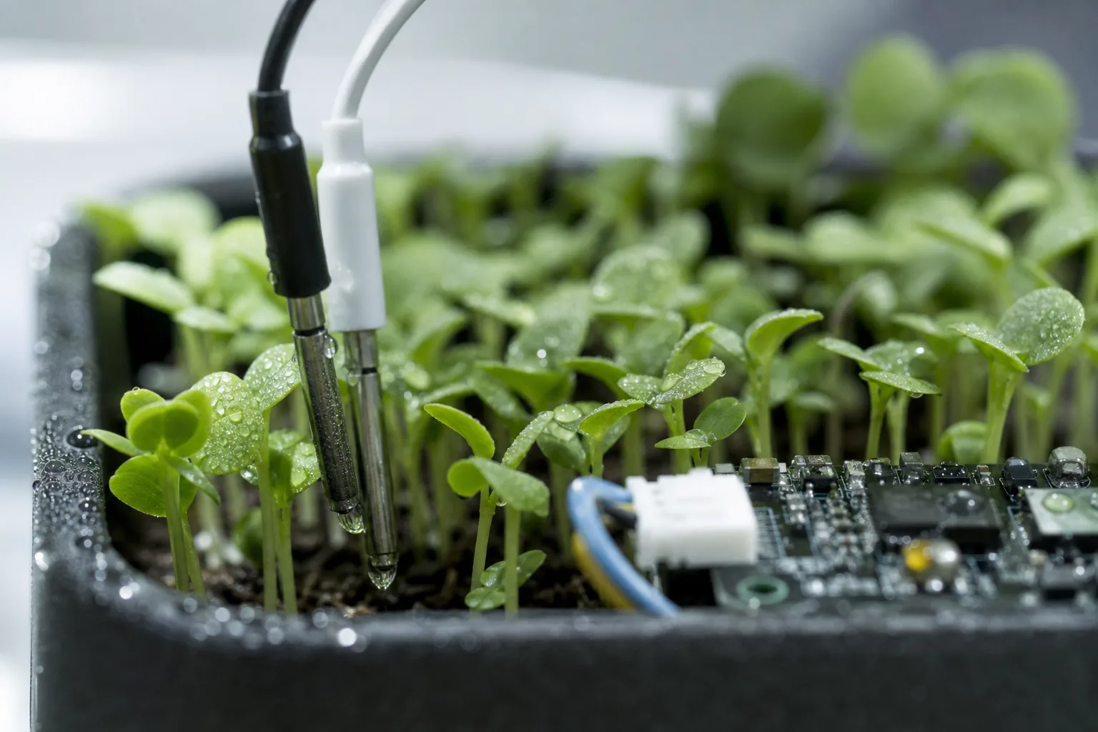 Close-up of small sensor probes and a circuit board beside dewy microgreen seedlings inside a growing tray