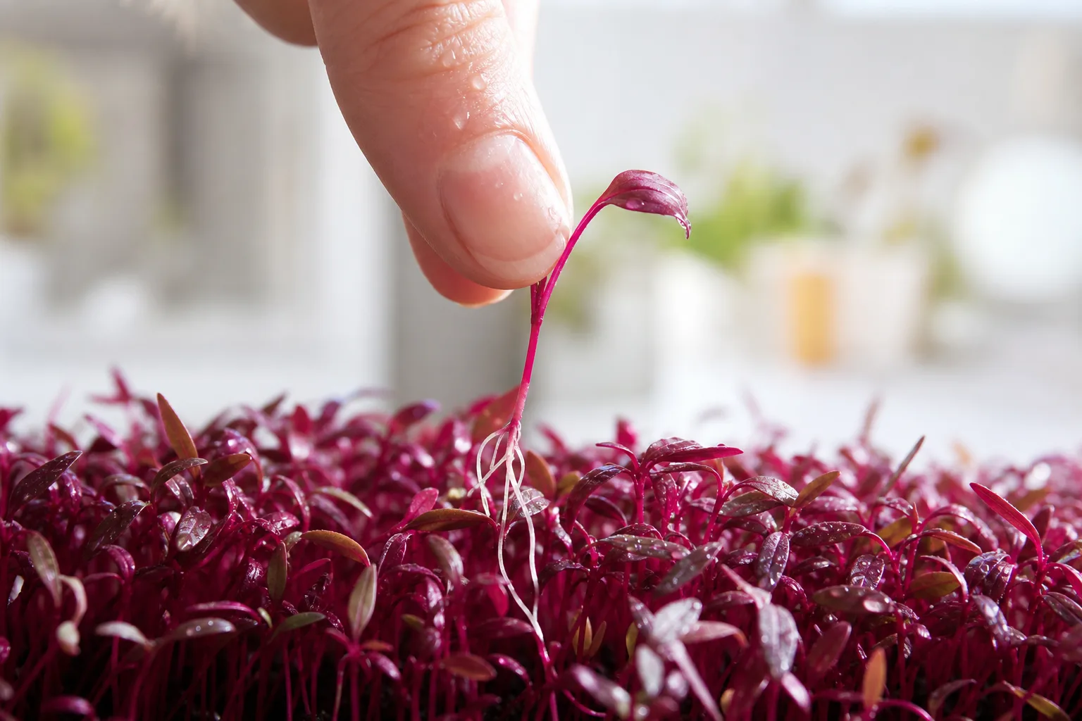 A fingertip lifting a single magenta amaranth microgreen from a dense tray