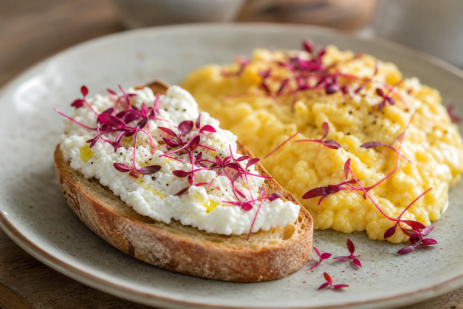 Magenta amaranth microgreens scattered over ricotta crostini and soft scrambled eggs