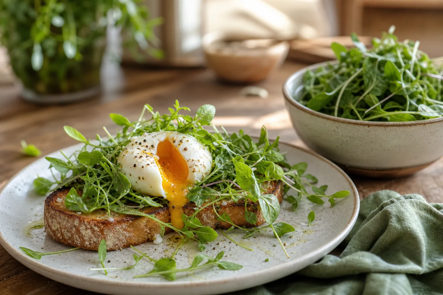 A soft-boiled egg on toast topped with fresh arugula microgreens