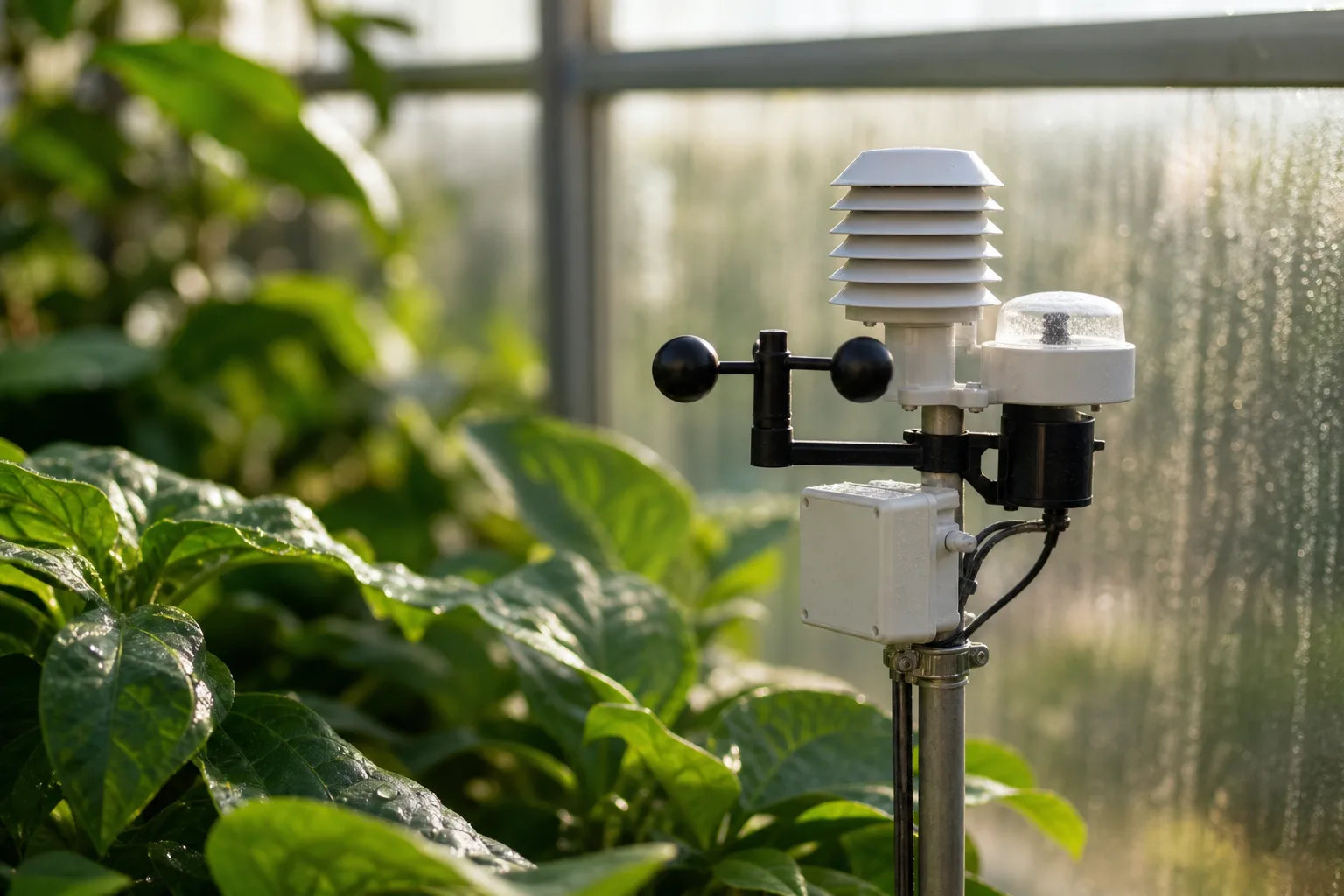 A small sensor cluster reading temperature and humidity among greenhouse plants