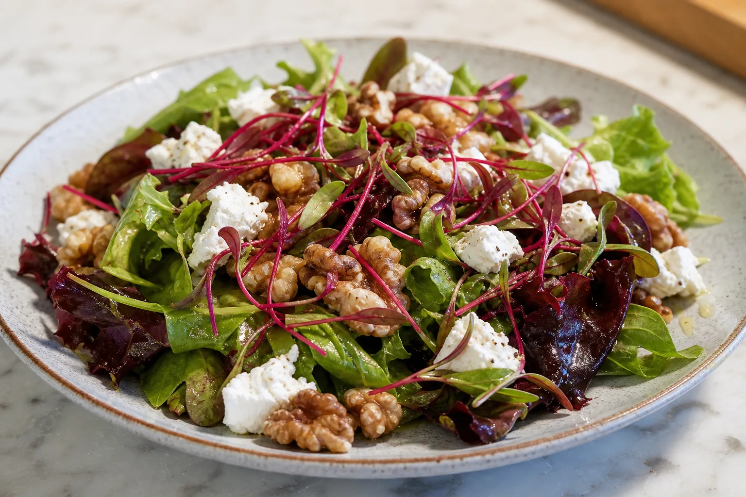 A salad topped with vivid red-stemmed beet microgreens, goat cheese, and walnuts