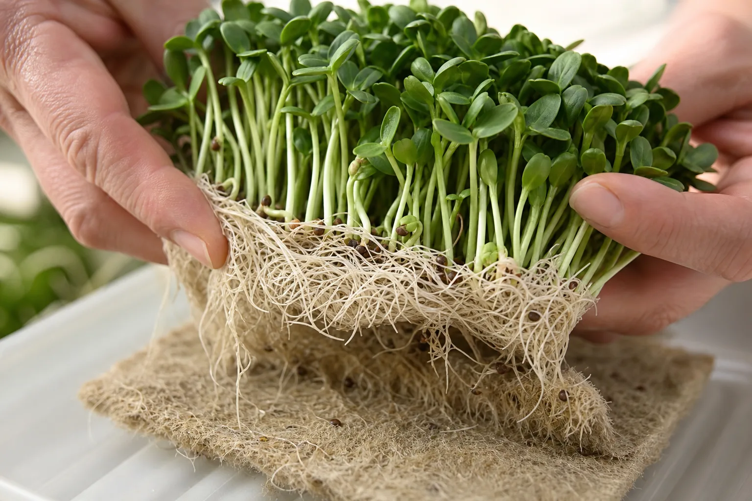 Lifting a pad of sunflower microgreens off a hemp grow mat