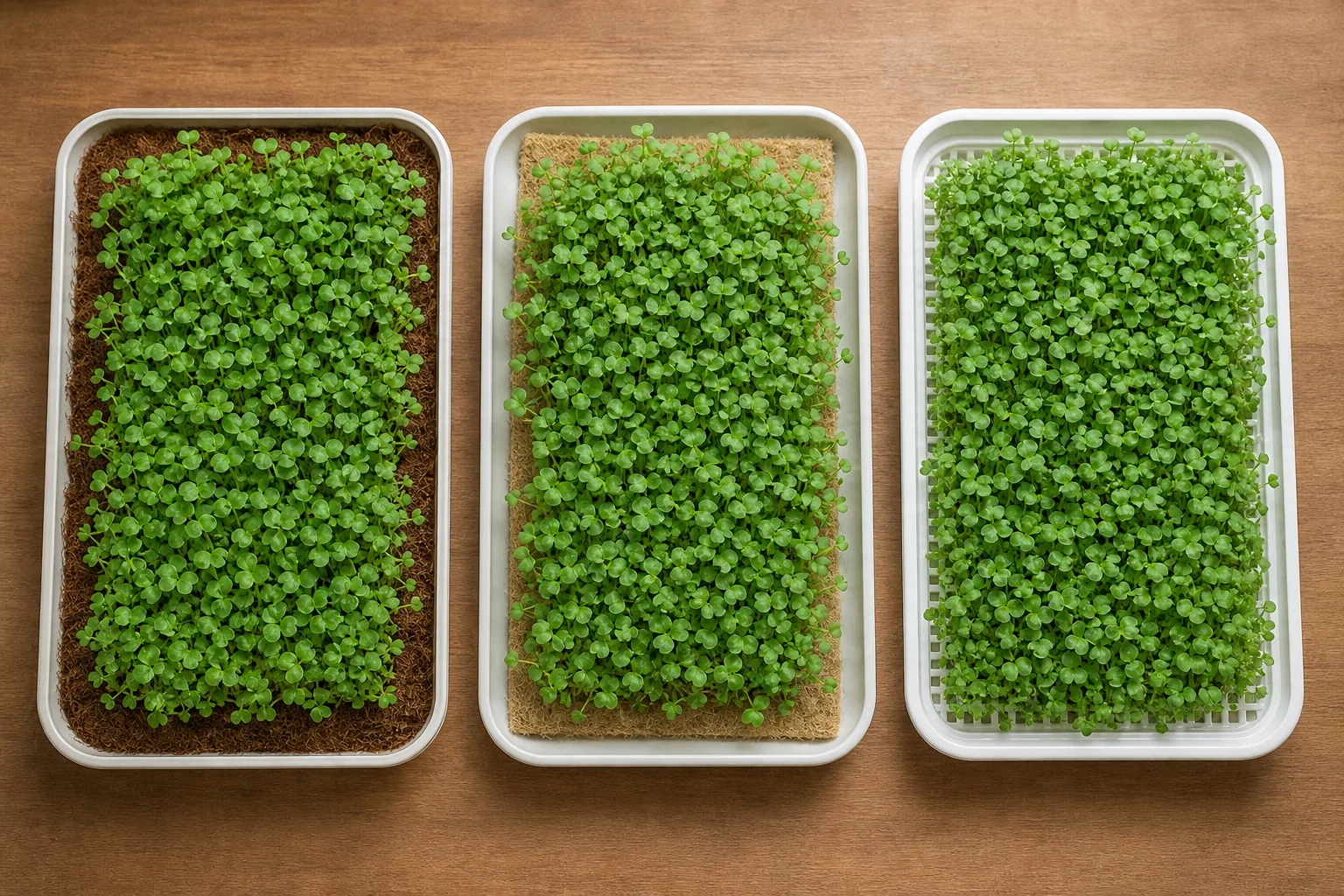 Three trays of the same crop grown in coco coir, a fiber mat, and a clean reusable tray