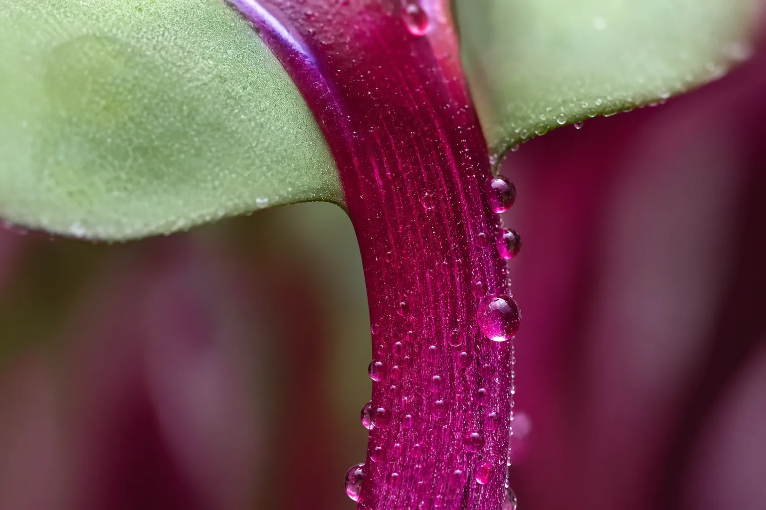 Close-up of an anthocyanin-rich microgreen stem showing vivid magenta pigment