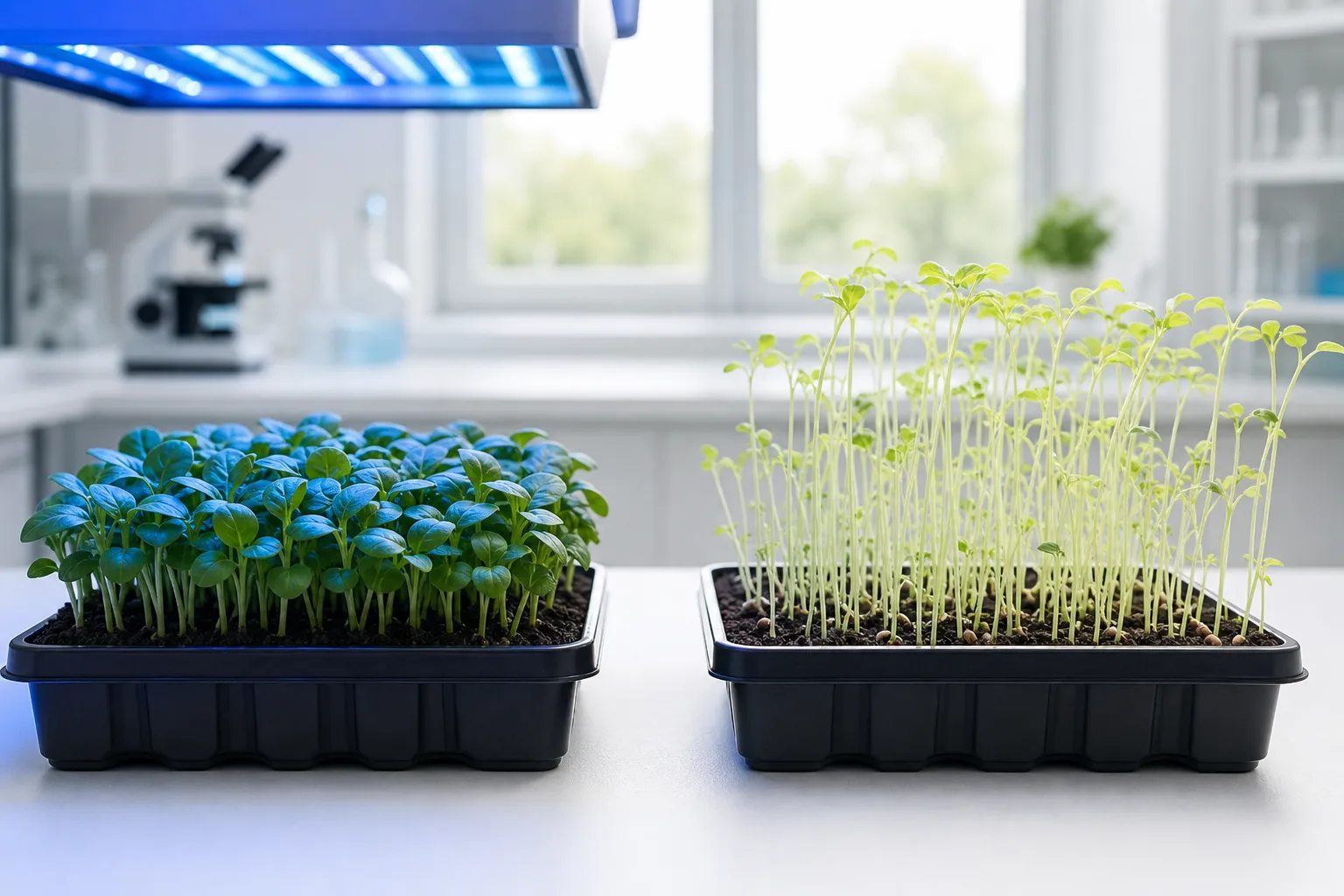Two seedling trays side by side, one compact and dark under blue light, one pale and leggy