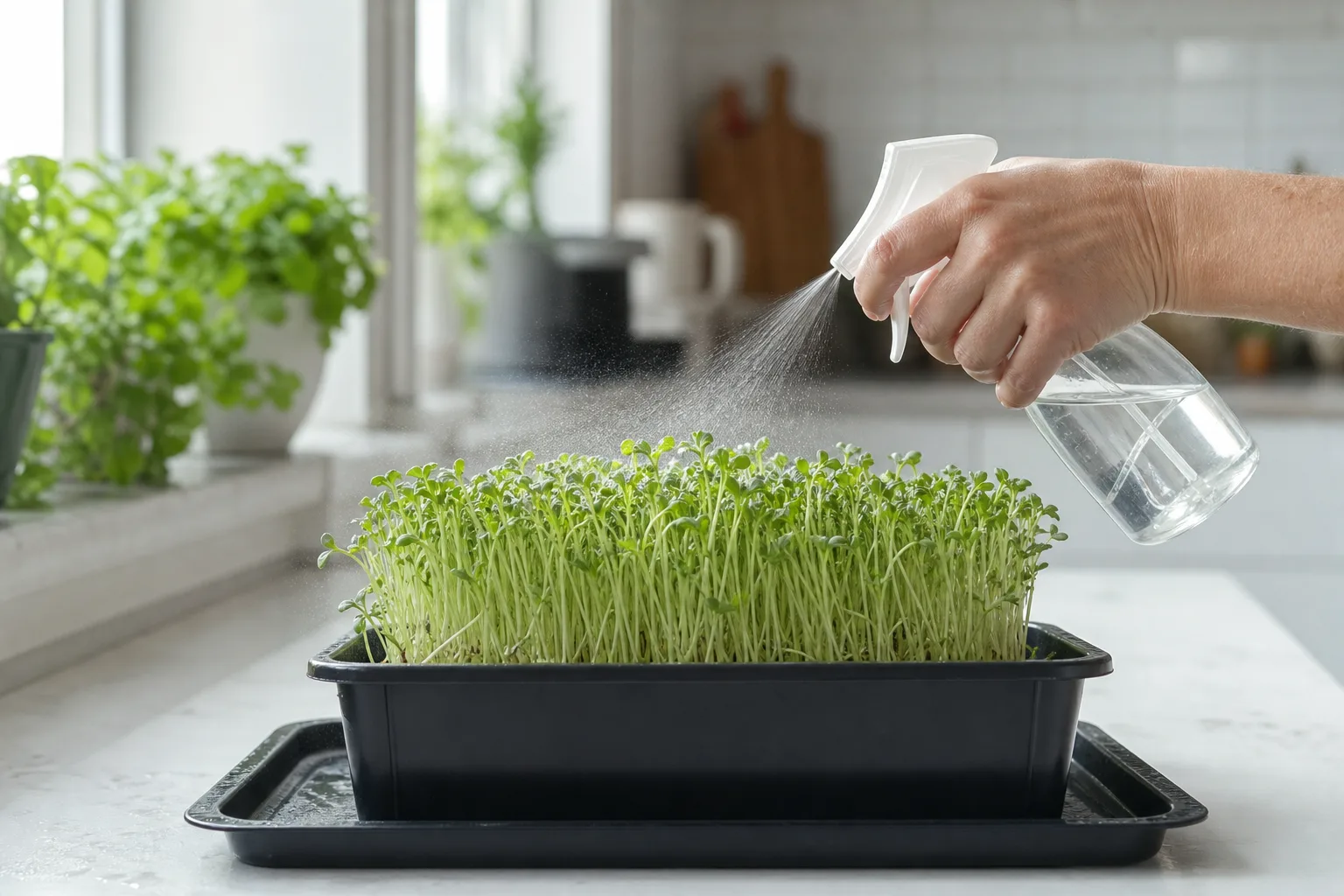 A hand misting a tray of young cabbage microgreens fresh from blackout