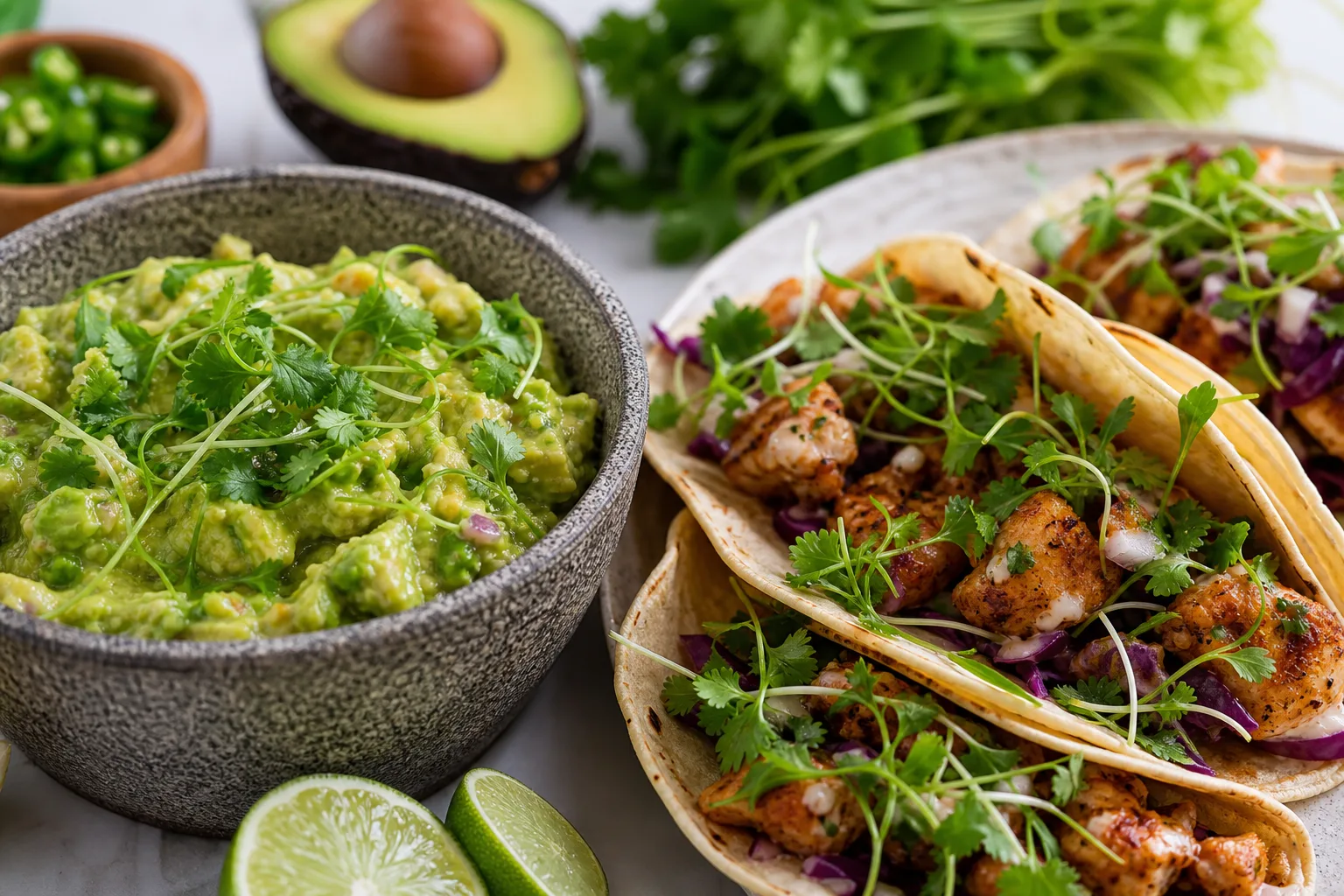 Fresh cilantro microgreens scattered over guacamole and tacos