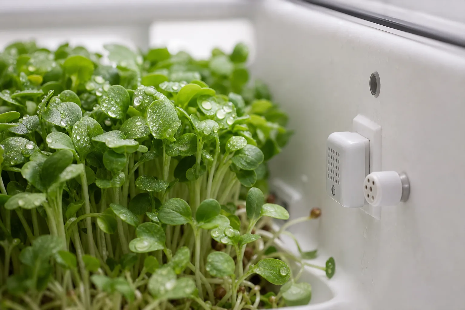 Close-up of tiny temperature and humidity sensors near dense green microgreen sprouts inside a clean white growing chamber