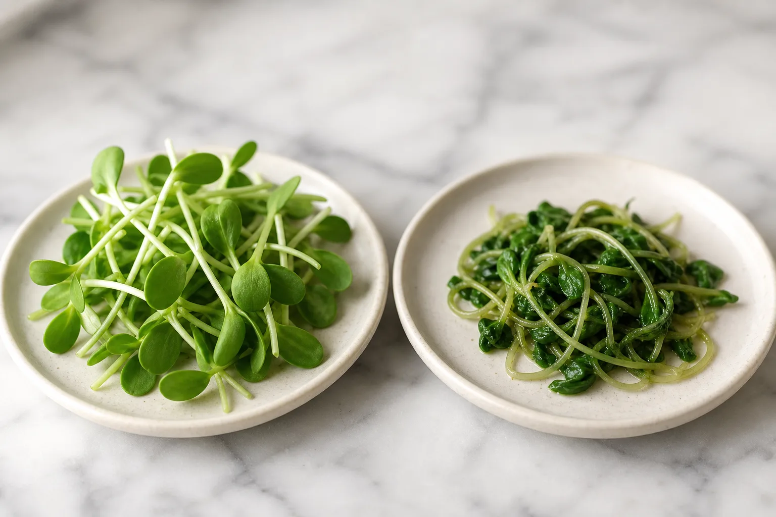 Side-by-side plates showing fresh raw microgreens next to the same greens wilted by heat