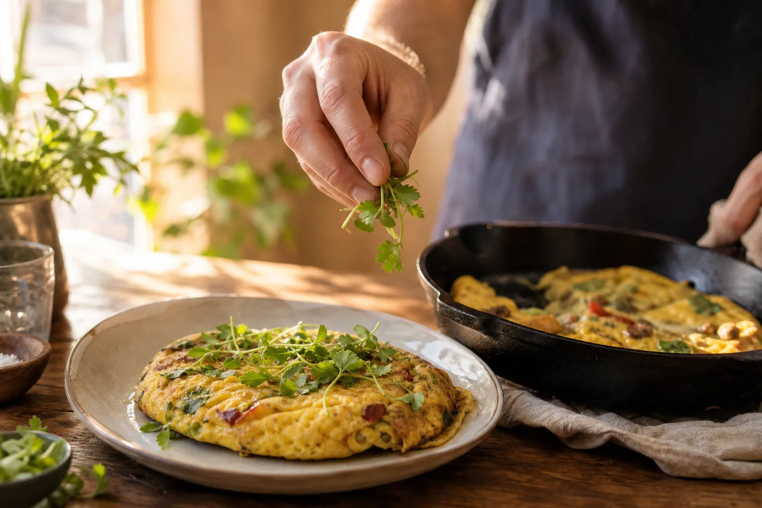 A person scattering fresh pea shoots and cilantro microgreens over a just-cooked omelet at the table