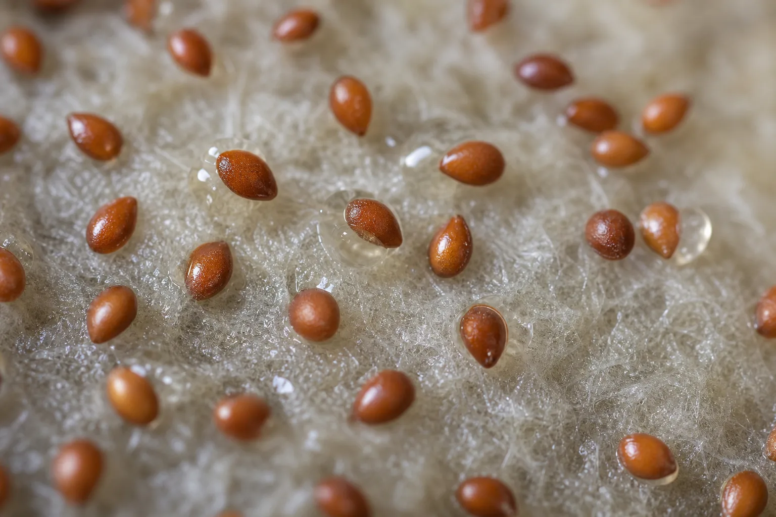 Reddish-brown cress seeds beginning to form a clear gel coating on a moist growing mat