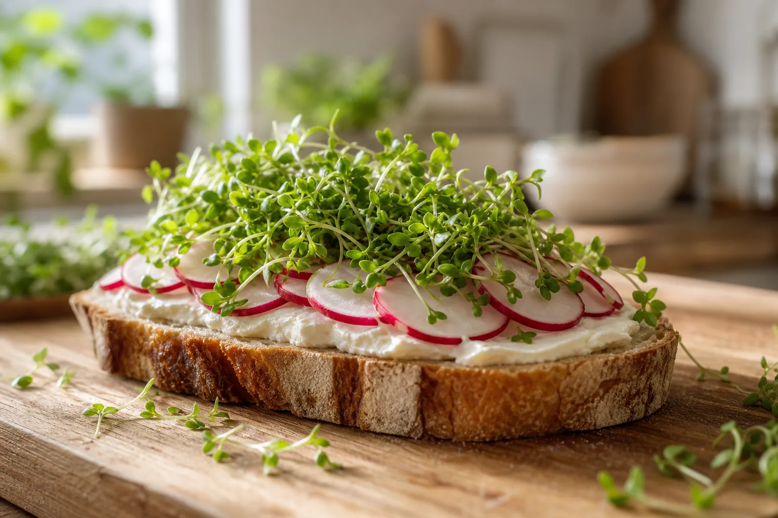 An open-faced sandwich topped with cream cheese, radish slices, and fresh cress microgreens