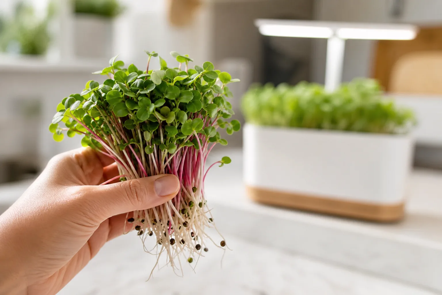 A hand holding freshly harvested radish microgreens over a bright kitchen counter