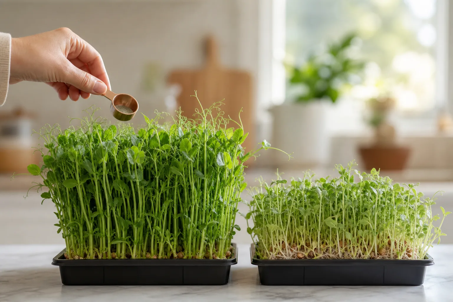 Two side-by-side trays of pea shoots, one taller and greener, with a hand adding a small scoop of nutrient