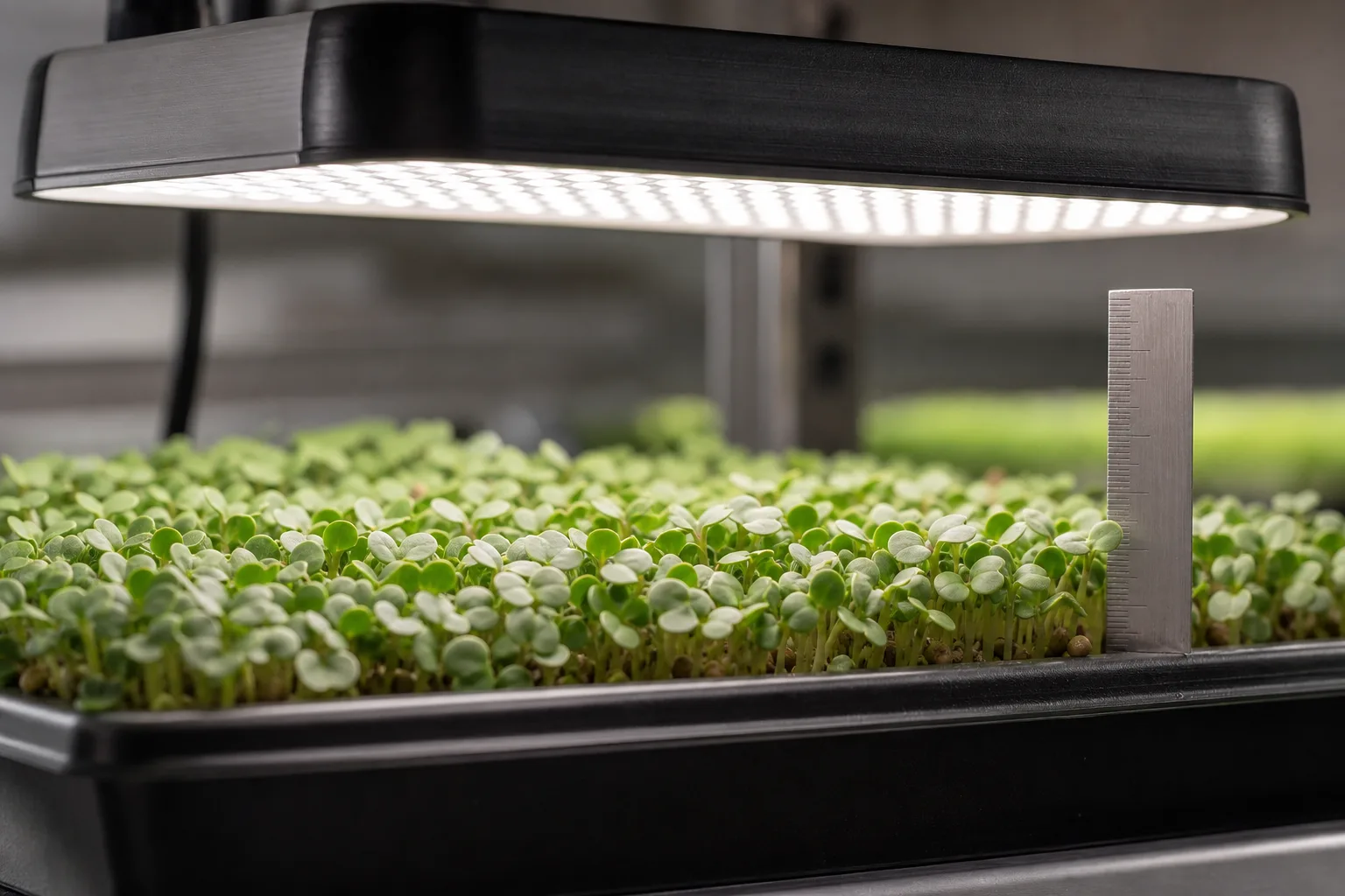 A compact LED grow light positioned close above short sturdy green microgreens