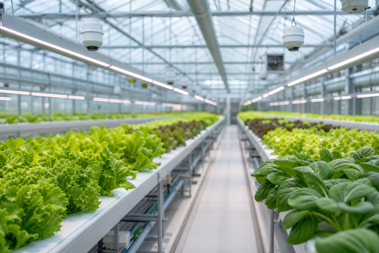Interior of an autonomous greenhouse with rows of crops under tuned LED light and visible climate sensors