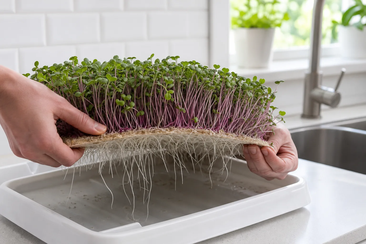 Hands lifting a screen mat of dense radish microgreens with roots dangling underneath