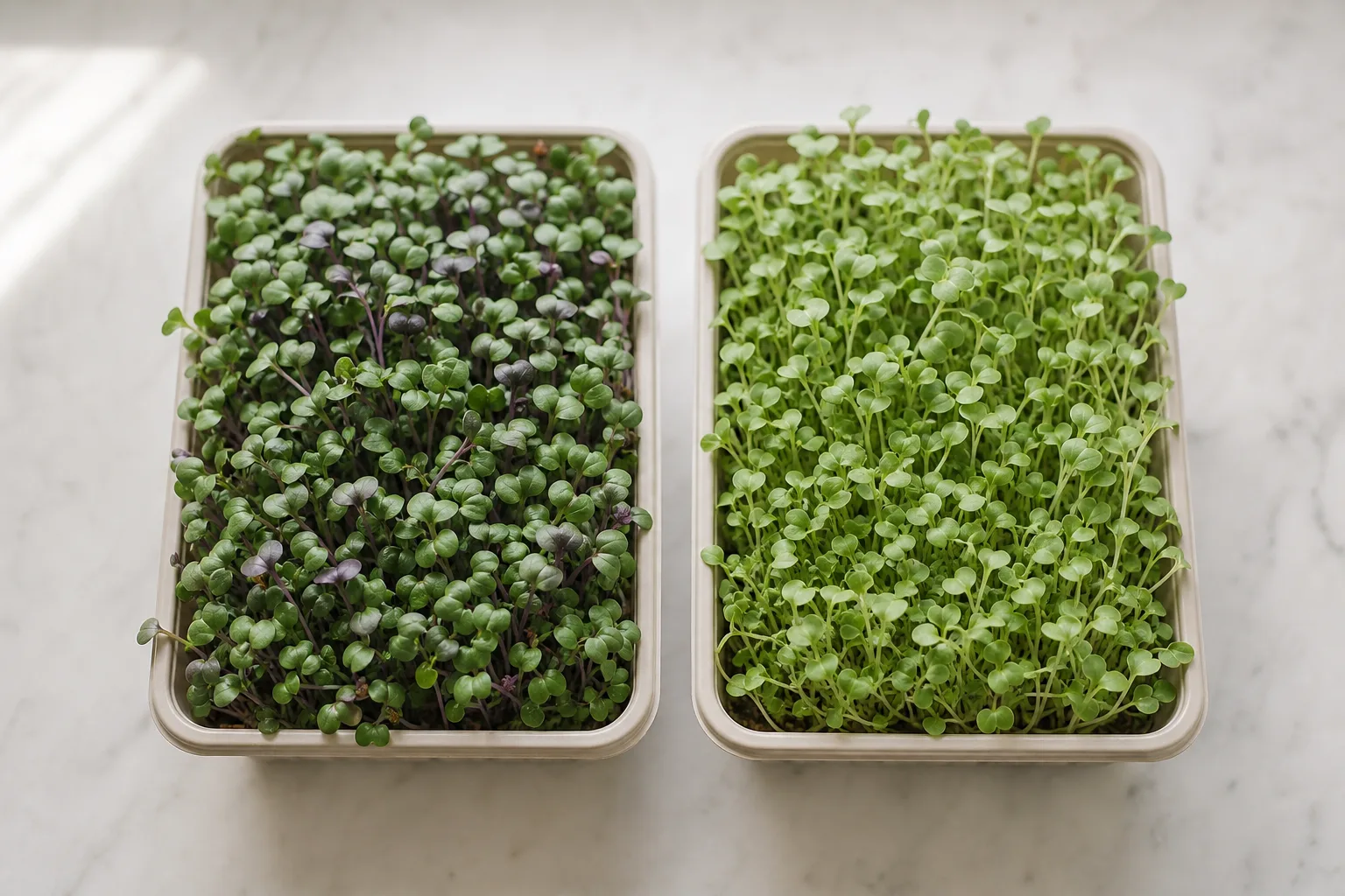 Two identical trays of broccoli microgreens side by side, one deeper green and purple-tinged than the other