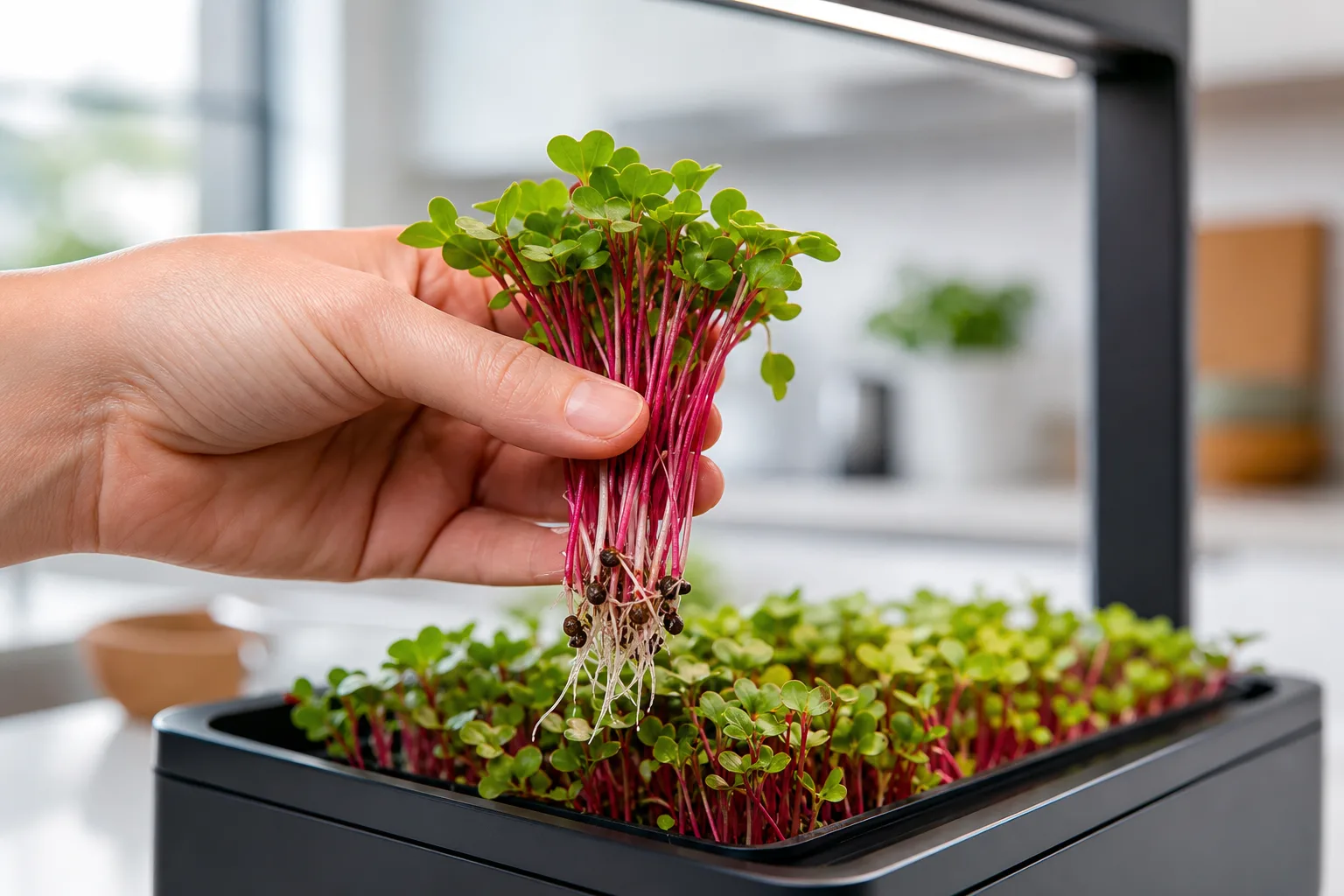 A hand holding freshly cut red-stemmed radish microgreens above a countertop growing device